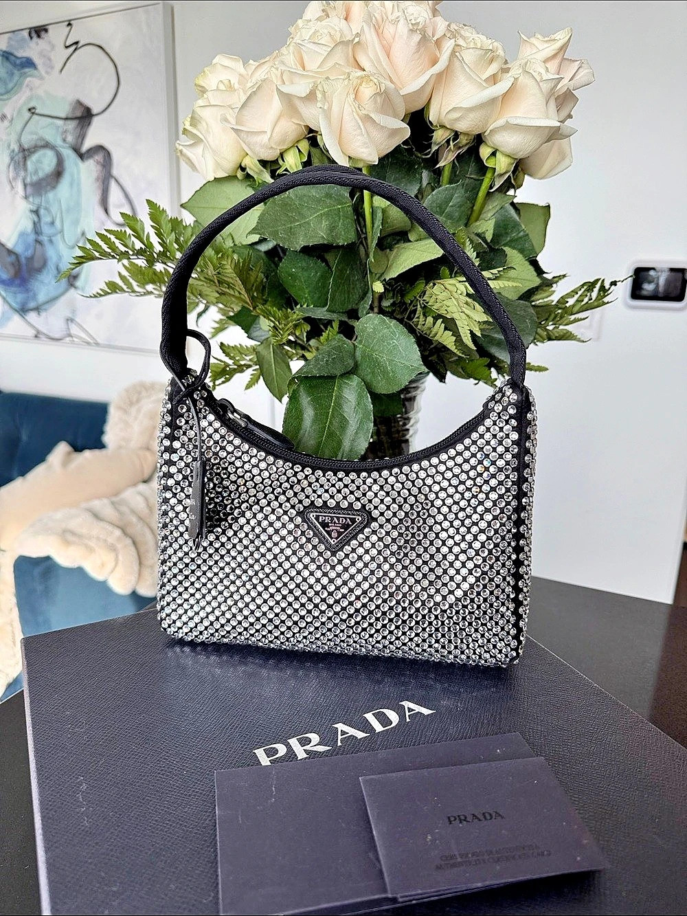 Prada Crystal Mesh Bag Shoulder Bag Black & Silver Like New